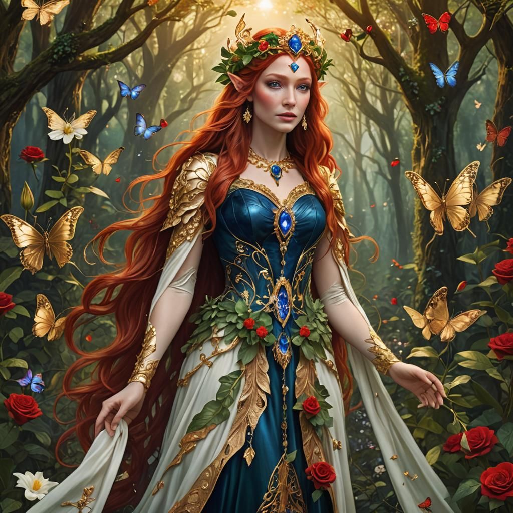 Elven Woman with Butterfly Wings in Mystical Forest