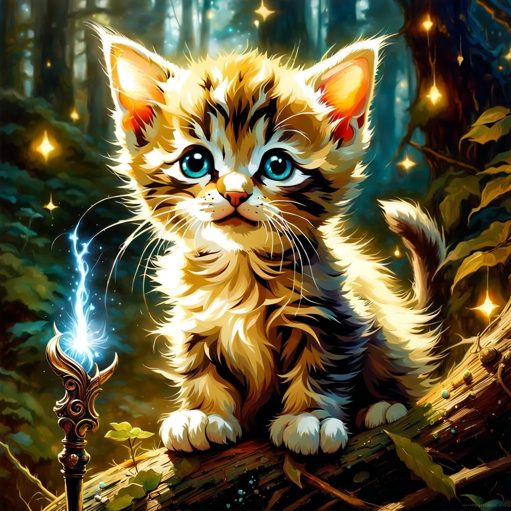 Magical Kitten Casting Spell in Enchanted Forest