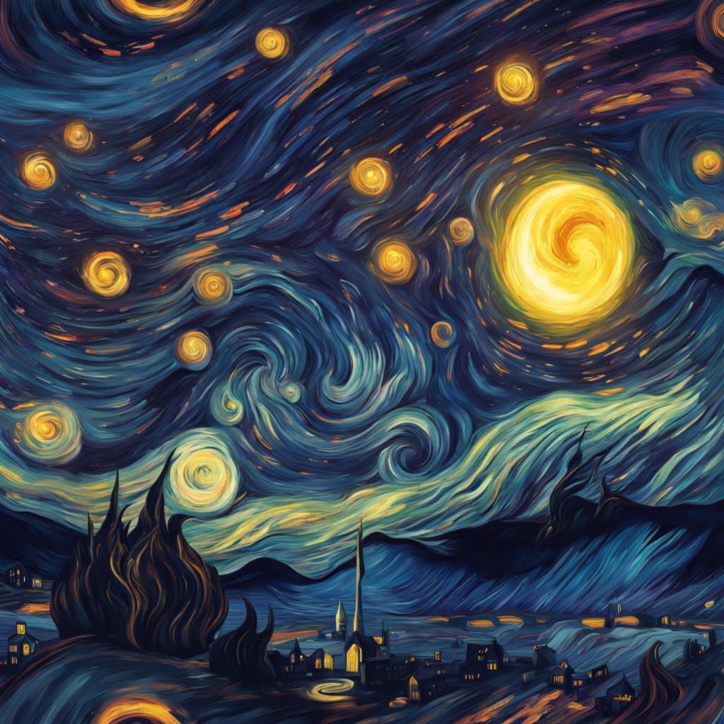 Whimsical Nocturnal Café in a Starry Van Gogh-Inspired World