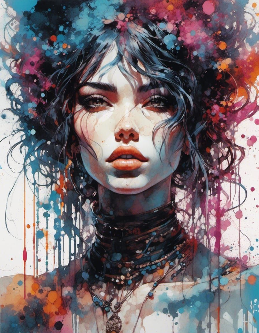 Mystic Woman in Inkpunk and Glitchcore Style