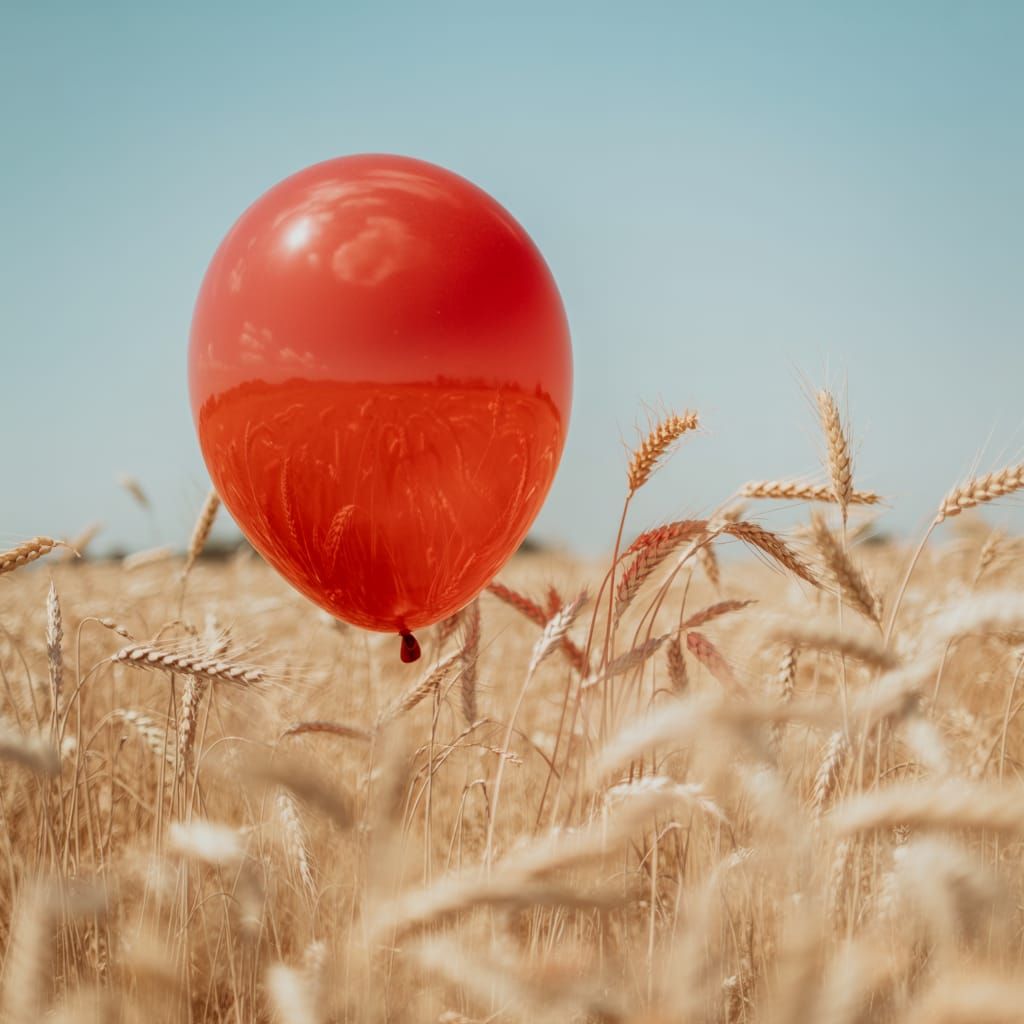Red Balloon in Golden Wheat Field at Sunset