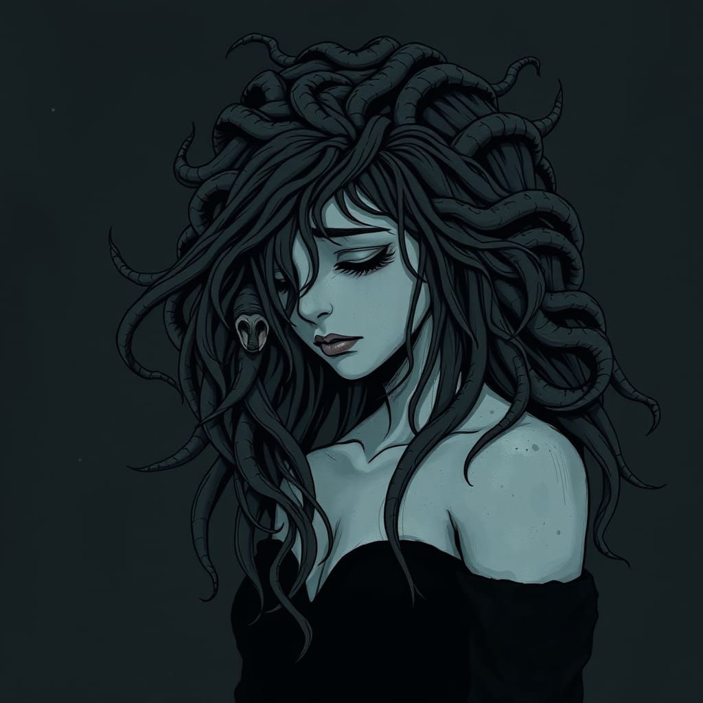 Haunting Portrait of a Broken Medusa in Dark Fantasy Style