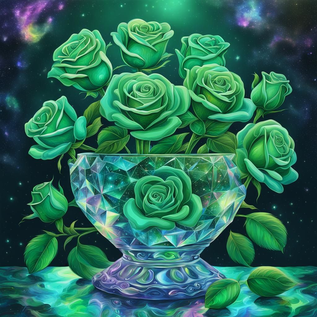 Green Roses in Crystal Vase: Cosmic Illustration