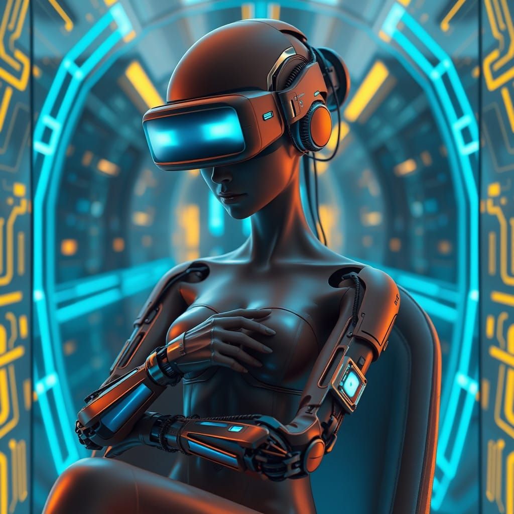 Cyberpunk Goddess in Ergonomic Throne, Surrounded by Neon Hu...