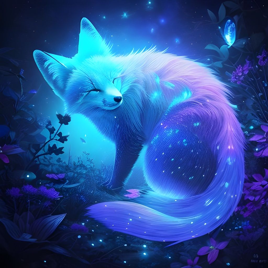 Bioluminescent Fox with Butterflies in Glass
