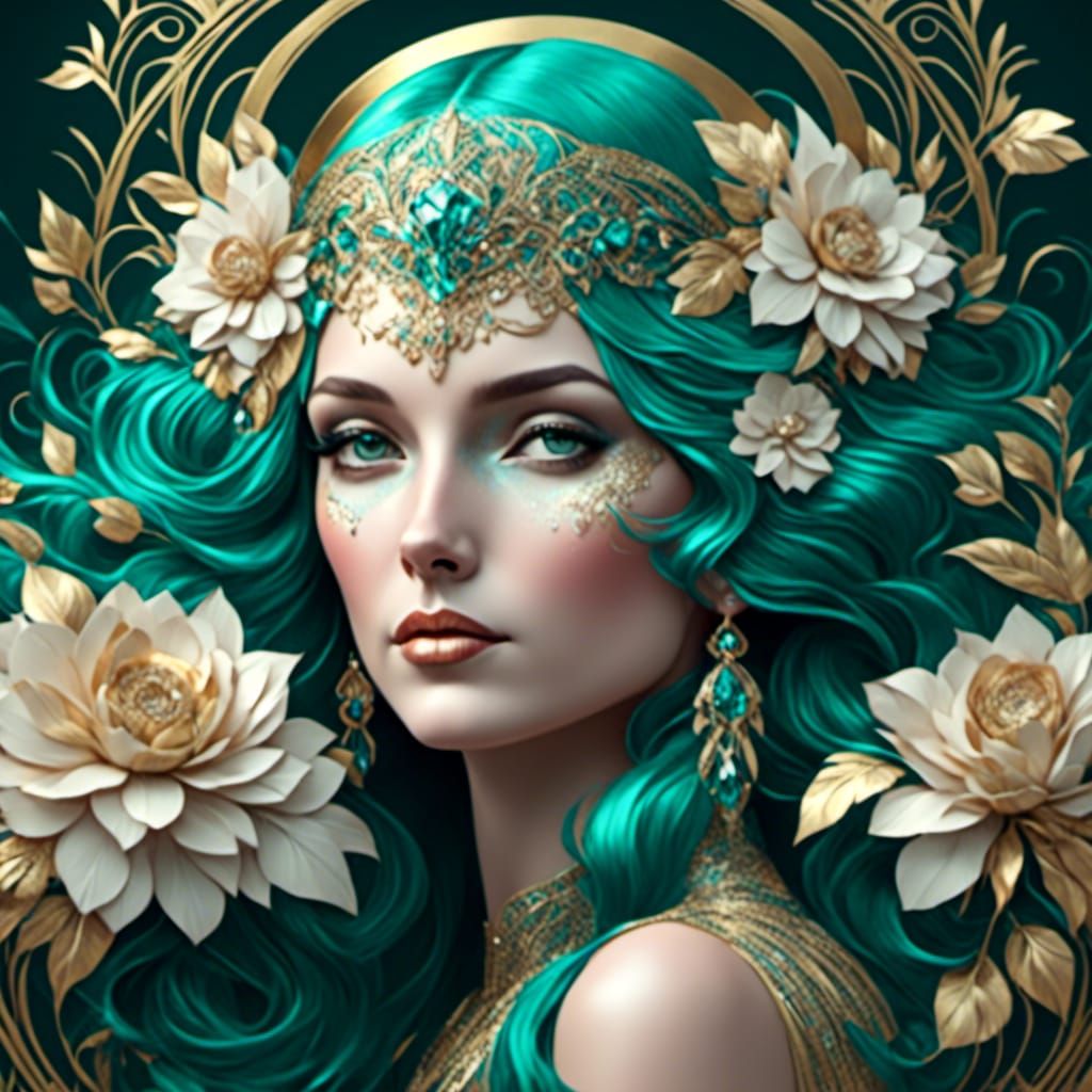 Woman with Flowers: Gold and Teal Art Deco Portrait