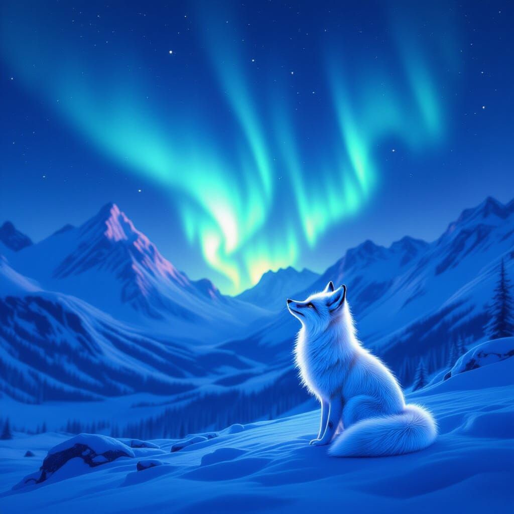 Bioluminescent Fox Under Aurora-Lit Mountains