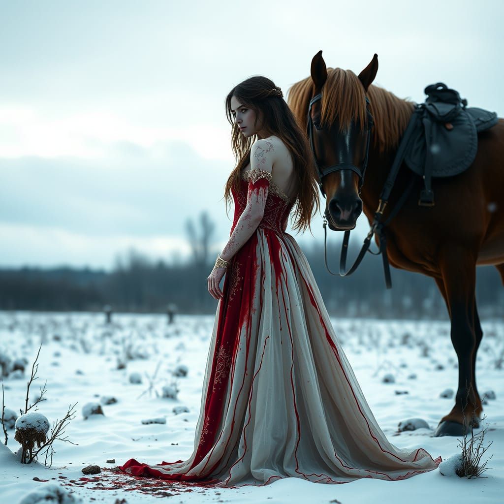Eerie Elegance: Woman and Horse in Snowy Field