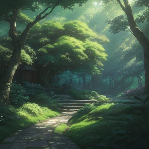 Whimsical Forest Landscape in Vibrant Greens