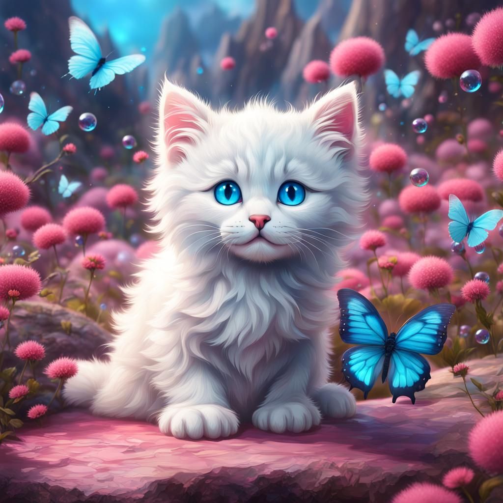 Cute Kitten with Butterfly, Fantasy Concept Art