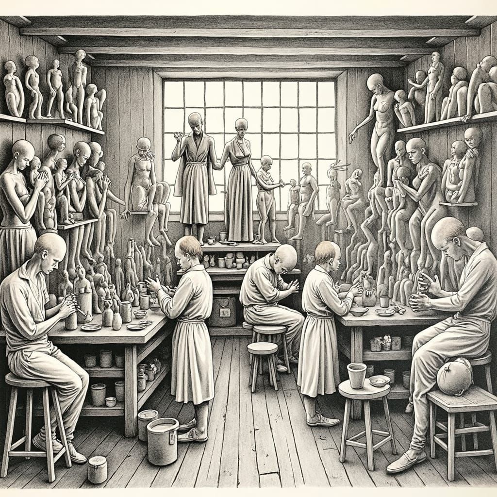 Giacometti-esque Figures in Dimly Lit Atelier Etching