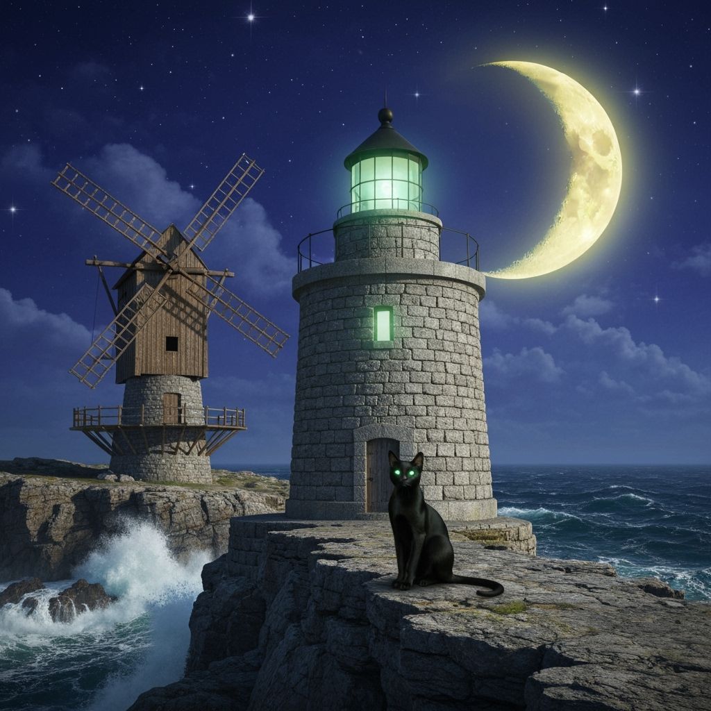 Mystical Lighthouse and Windmill Scene with Glowing Cat
