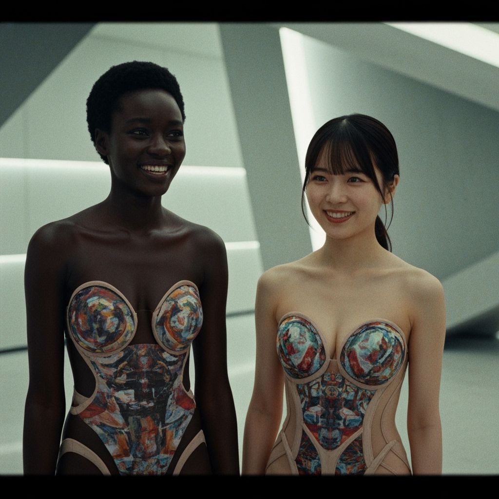 Smiling Women in Abstract Clothing: Cinematic Film Still