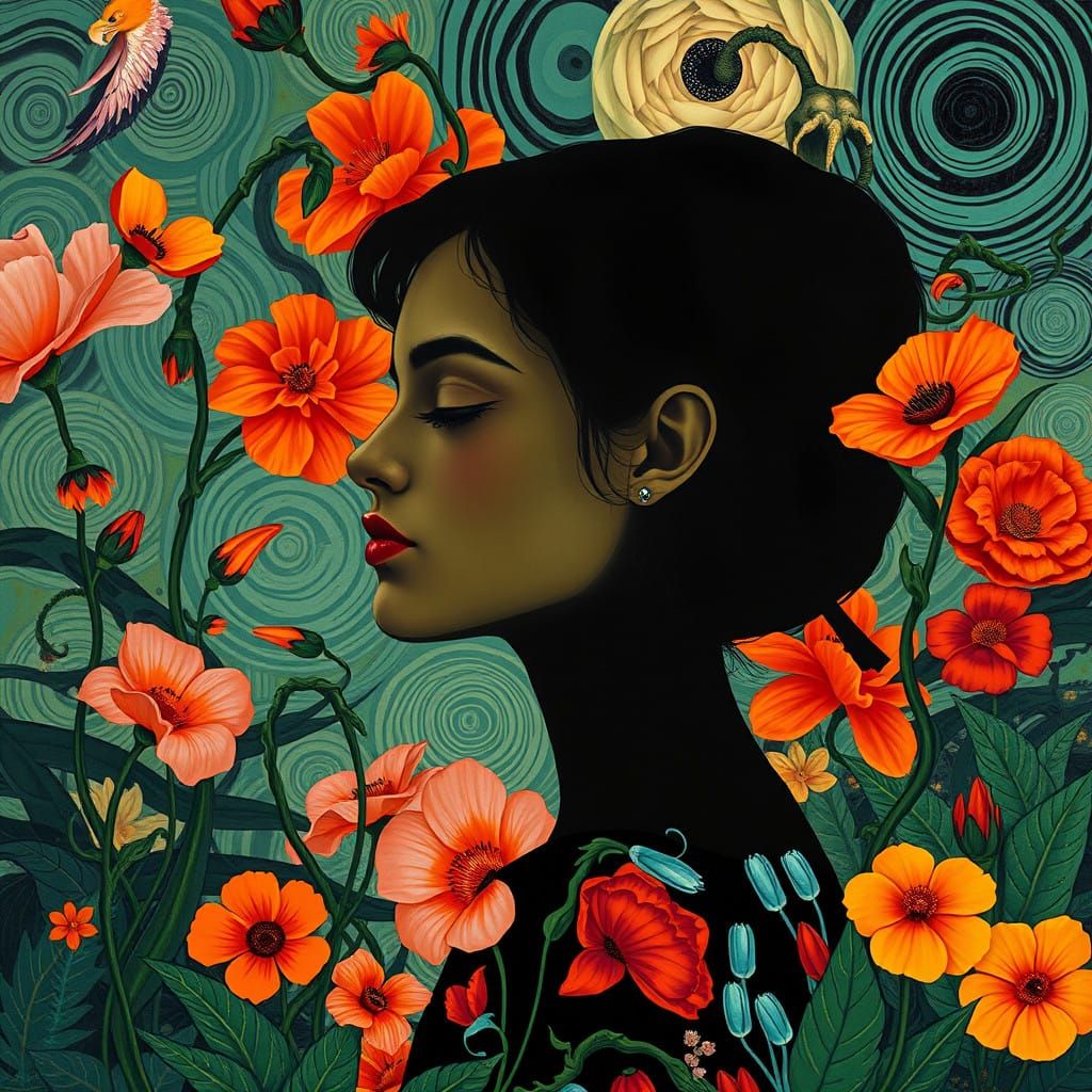 Surrealist Portrait of a Woman in a Vibrant, Whimsical Garde...
