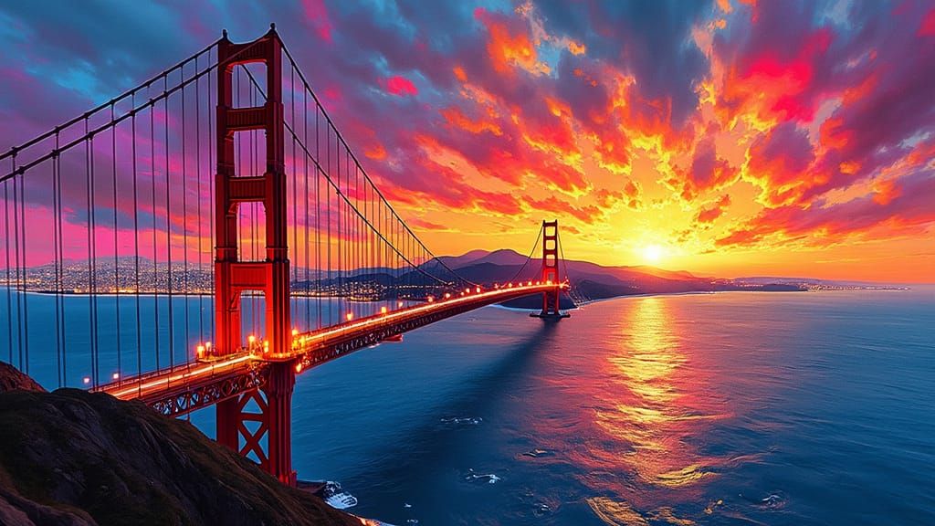 Golden Gate Bridge Sunset in Polychromatic Graffiti Style