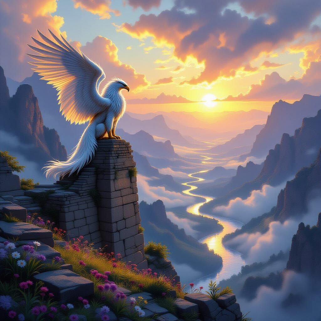 Majestic Griffin Over Valley at Dawn in Fantasy Art Style