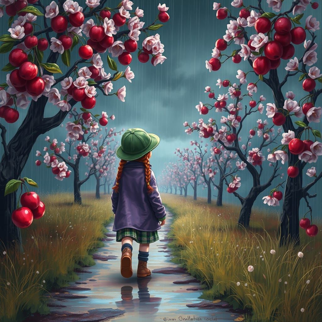 Girl in Cherry Blossom Rain: Matte Painting