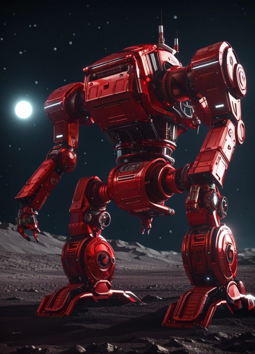 Giant Red Robot Walks on Moon, Sci-Fi Scene
