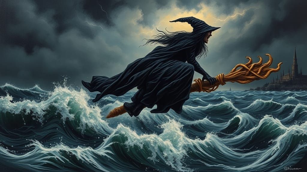 Ominous Black Witch Rides Storm in Impasto Seascape
