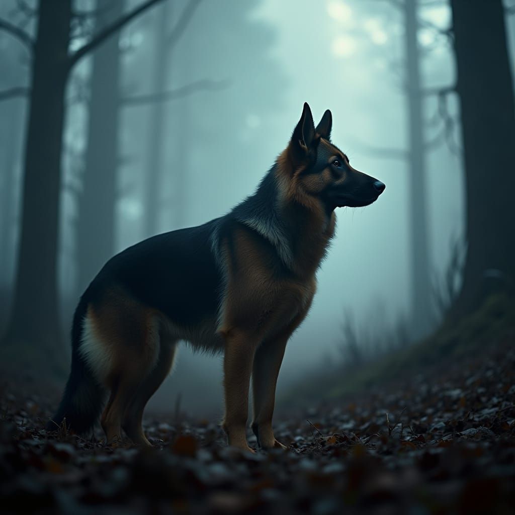 German Shepherd Guardian of the Misty Forest