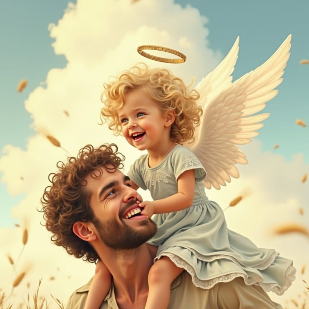 Blonde Little Girl Riding on Dad's Shoulders in a Sun-Drench...