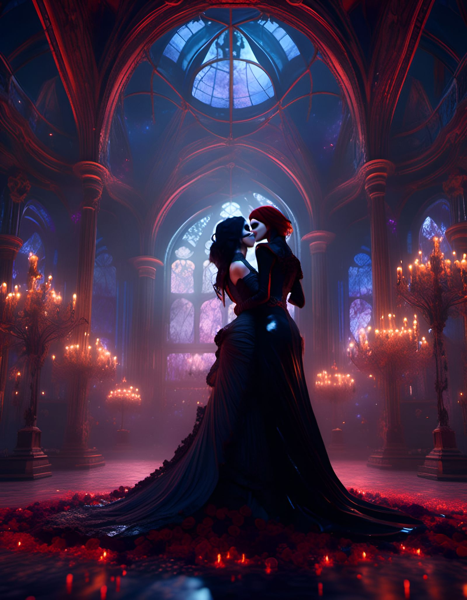 Lesbian Vampire Kiss in Art Nouveau Style