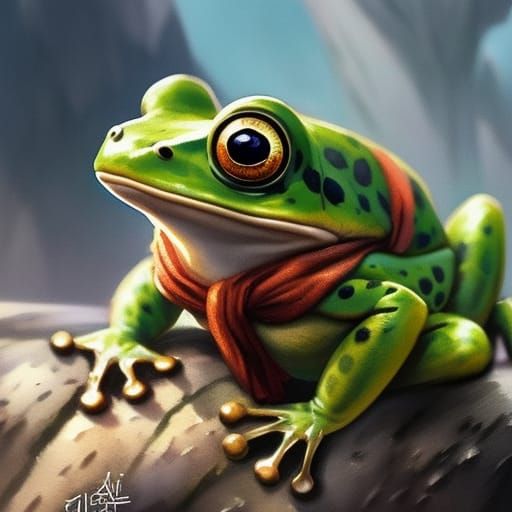 Chibi Frog Wearing Scarf in Gouache Style