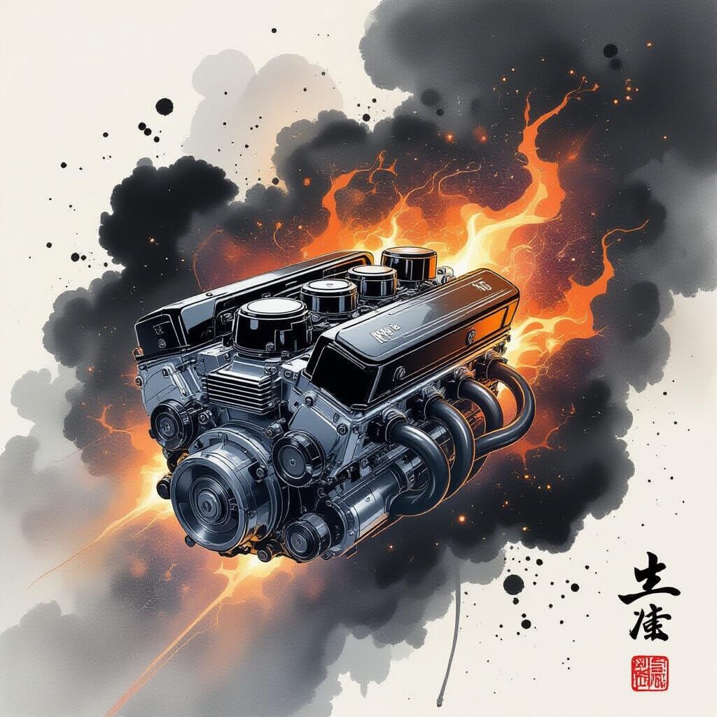 Abstract V8 Engine in Japanese Ink Wash Style