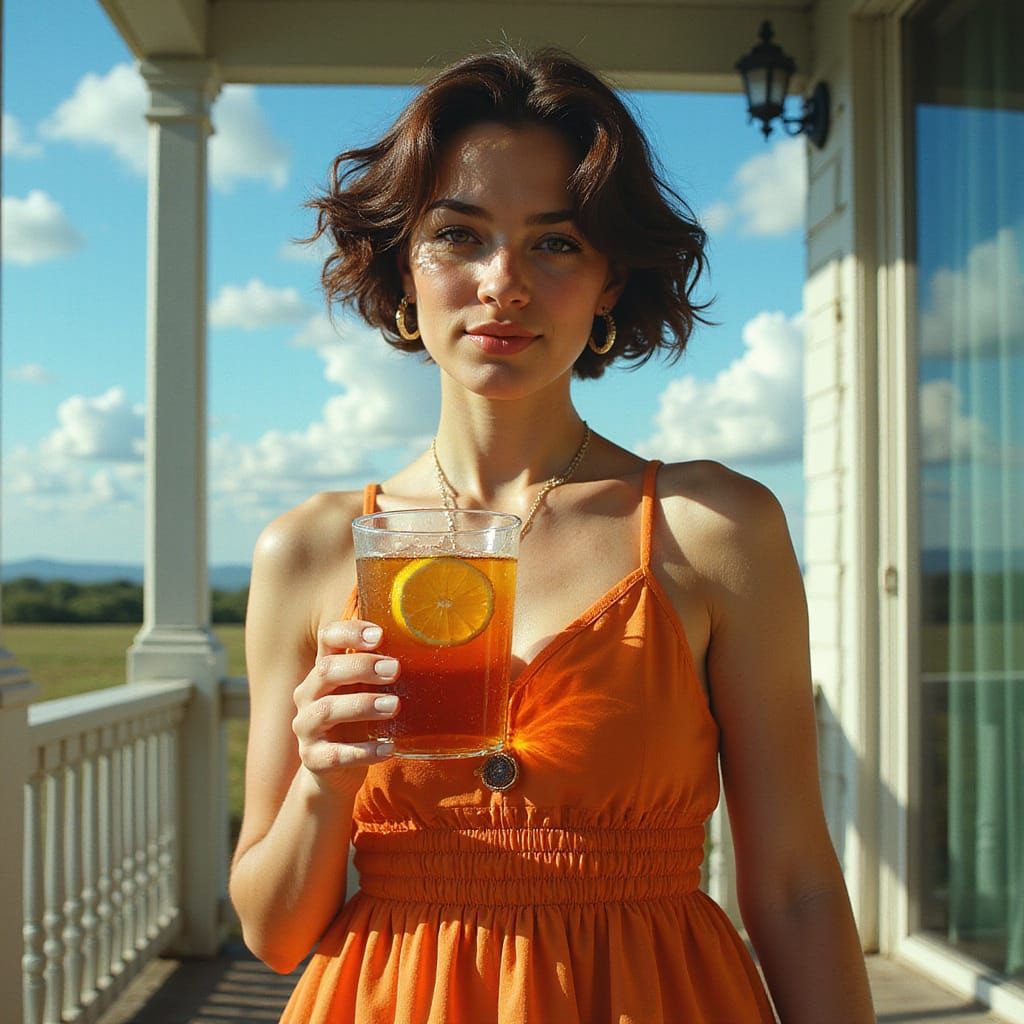 Woman with Iced Tea on Shaded Porch