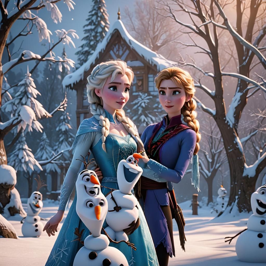 Elsa and Olaf in 3D Game Cinematic Style