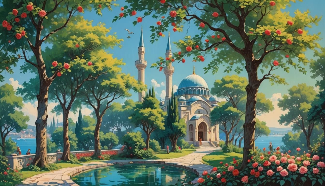 Istanbul Scene: Soft Pastel Painting with Happy People