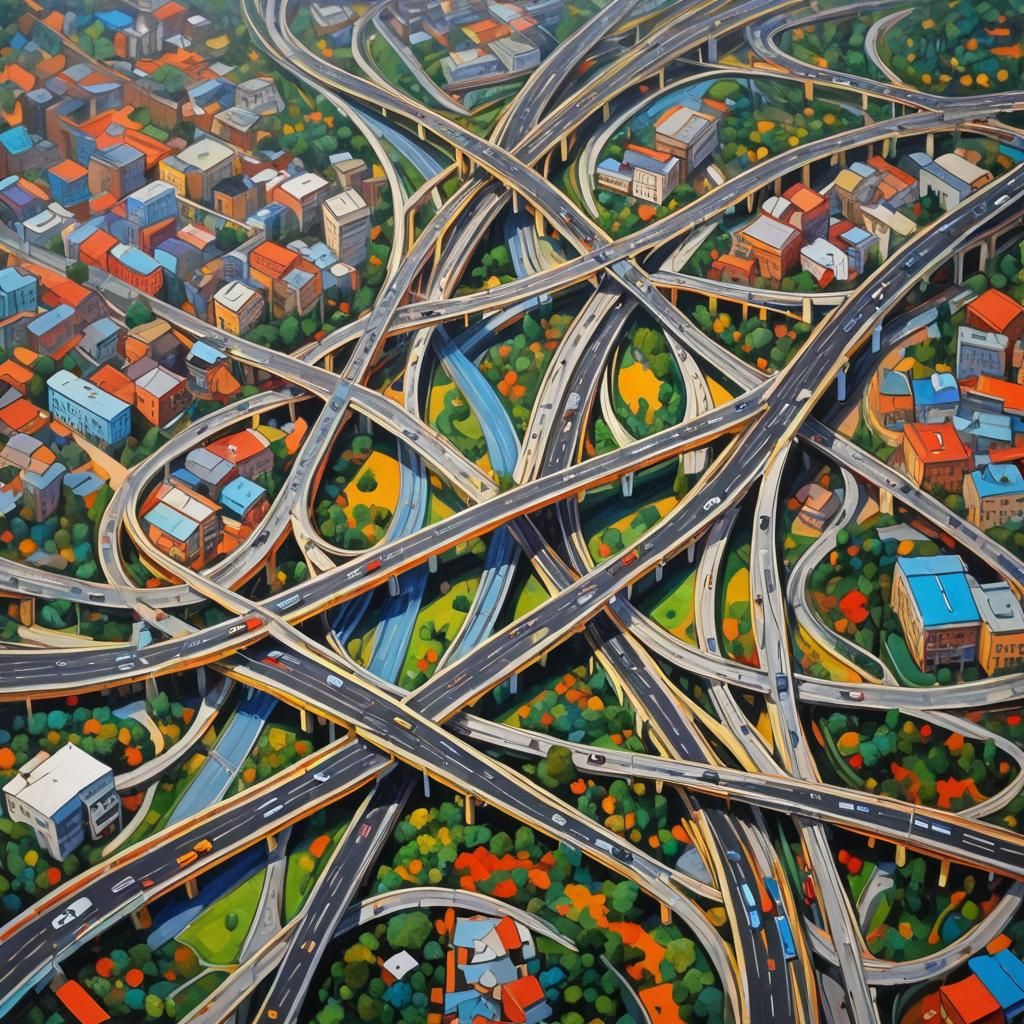 Colorful Spaghetti Junction in Expressionist Oil Painting