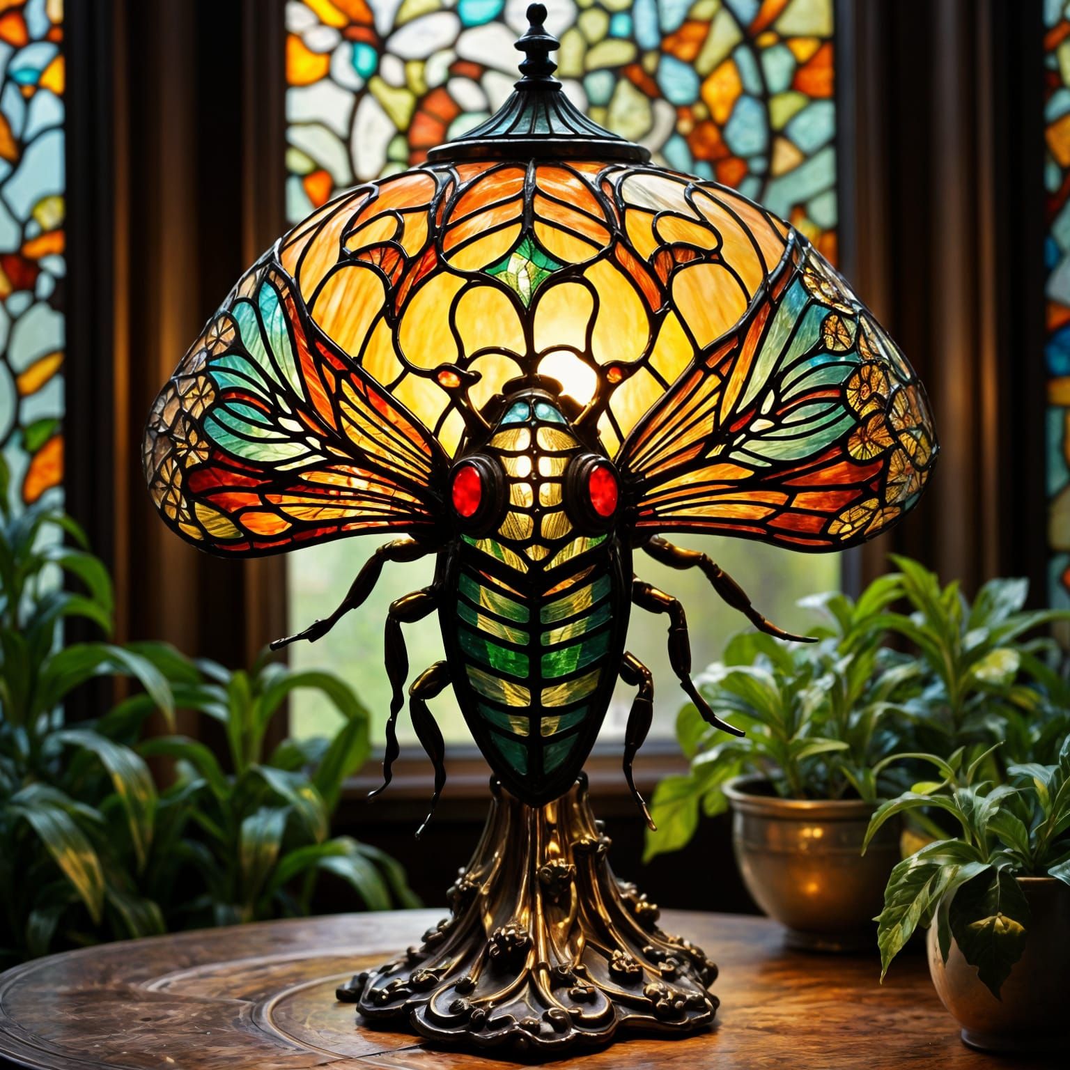Tiffany-Style Cicada Stained Glass Lamp