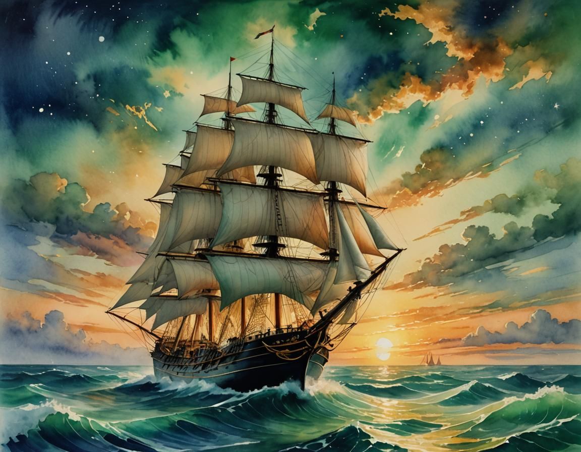 Sailing Ship on Emerald Ocean: Watercolor Painting
