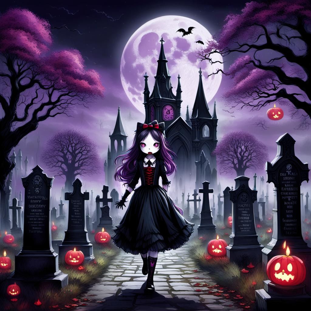 Gothic Hello Kitty in Cemetery on Halloween
