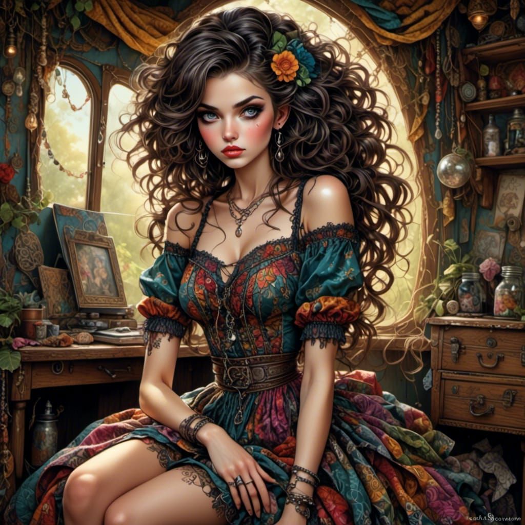 Punky Gypsy Woman with Creature, Oil Illustration