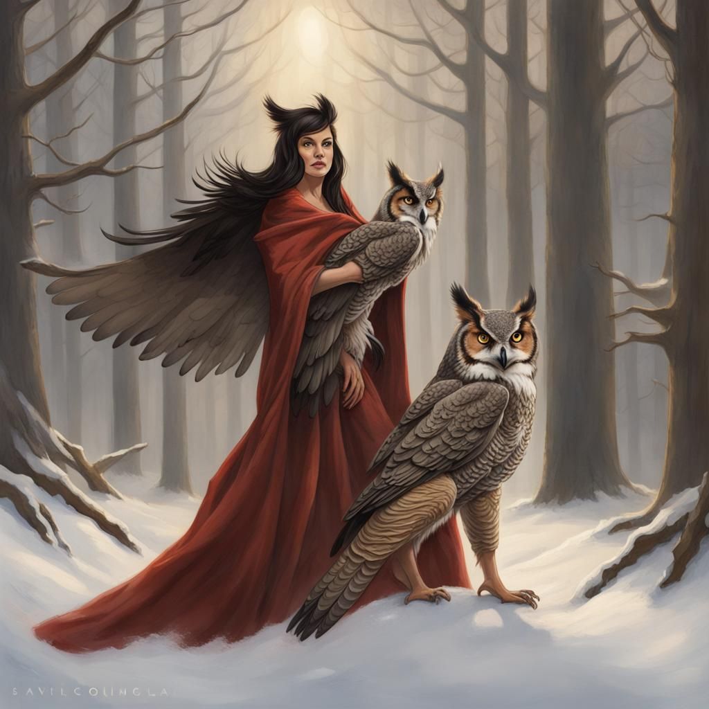 Witch with Owl, Fox, and Wolf Companion