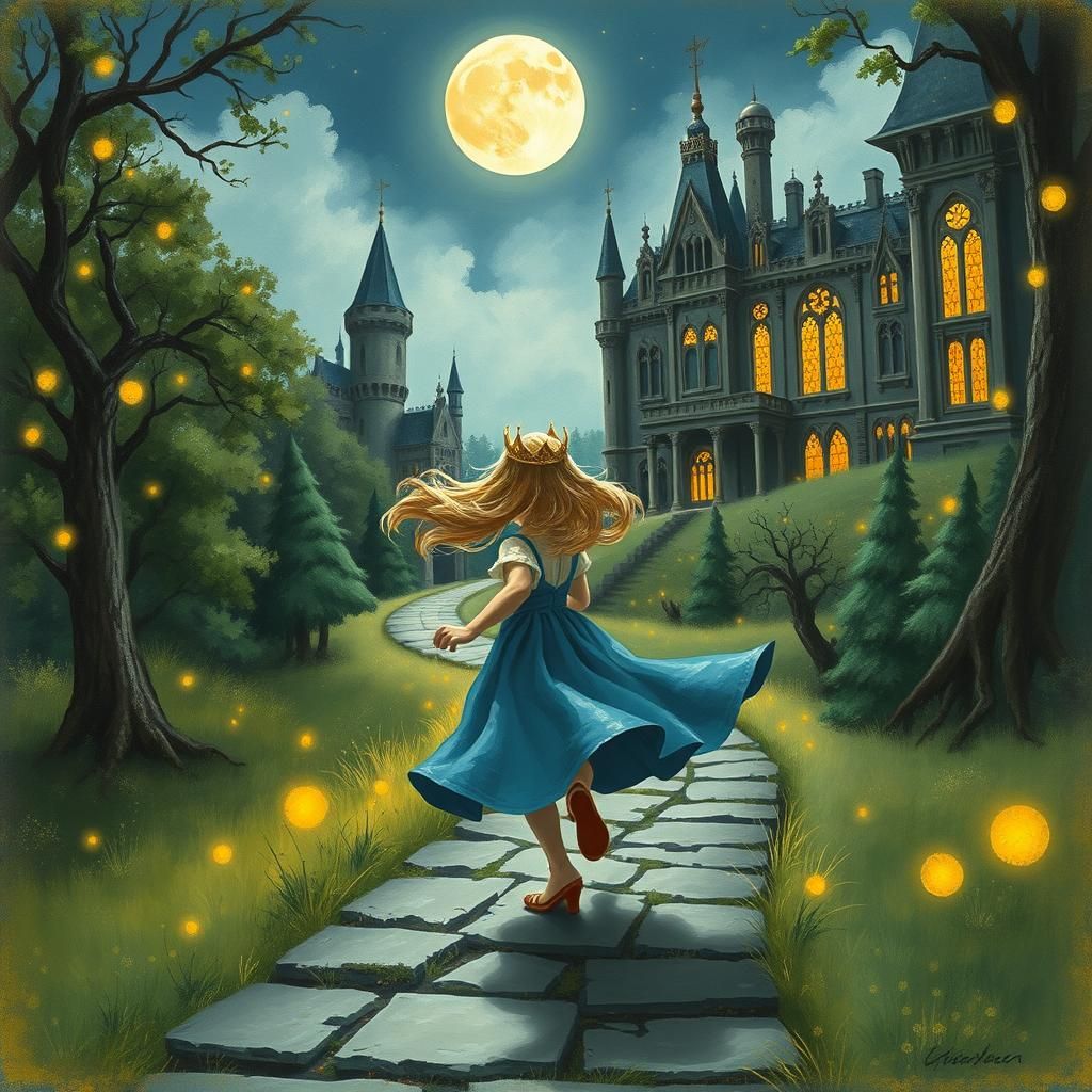 Fairy Tale Girl Fleeing Palace in Gouache Style