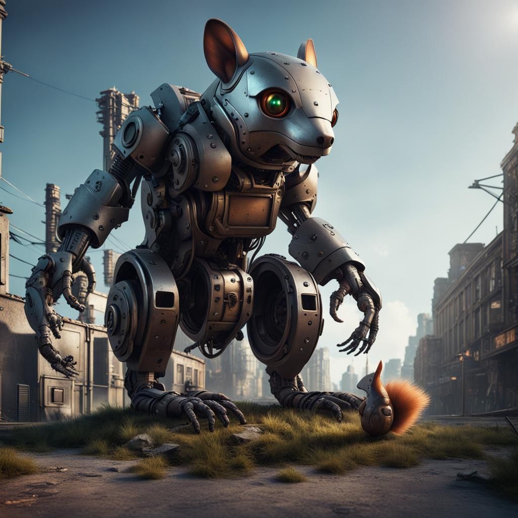 Robotic Squirrel in Dystopian Cityscape