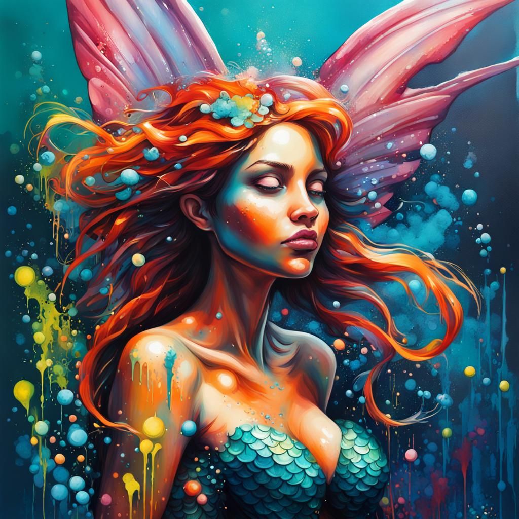 Fairy-Winged Mermaid in Colorful Graffiti Art