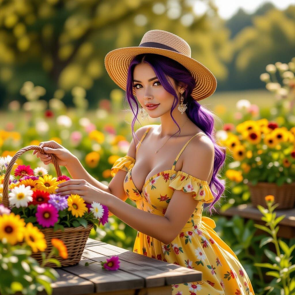 Woman in Yellow Dress Gathers Flowers on Fall Morning