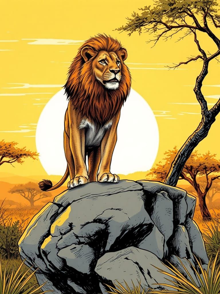 Lion in Jungle, Comic Book Style Illustration