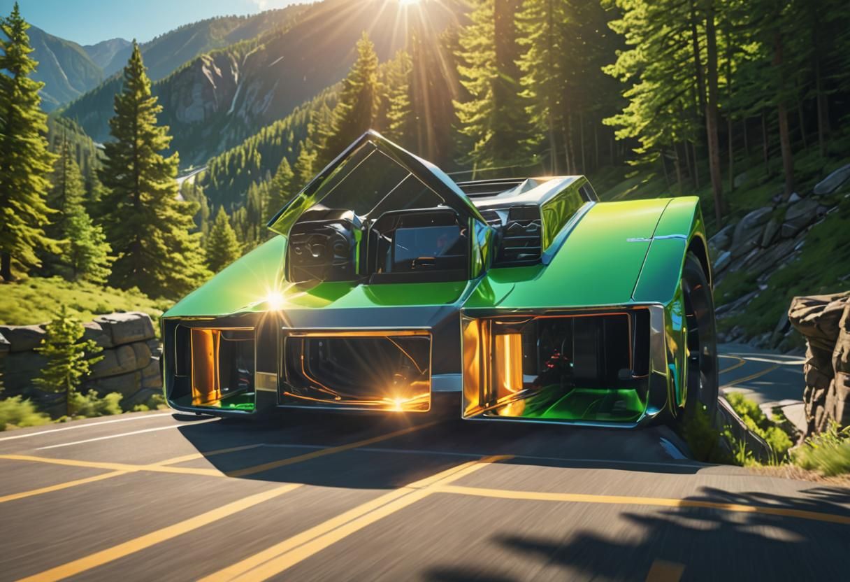 Sleek Car Speeding Down Mountain Road in Digital Art