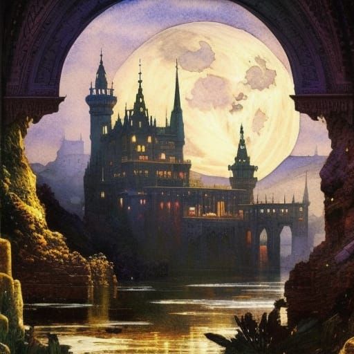 Luminous Moonlit Castle in Watercolor Style