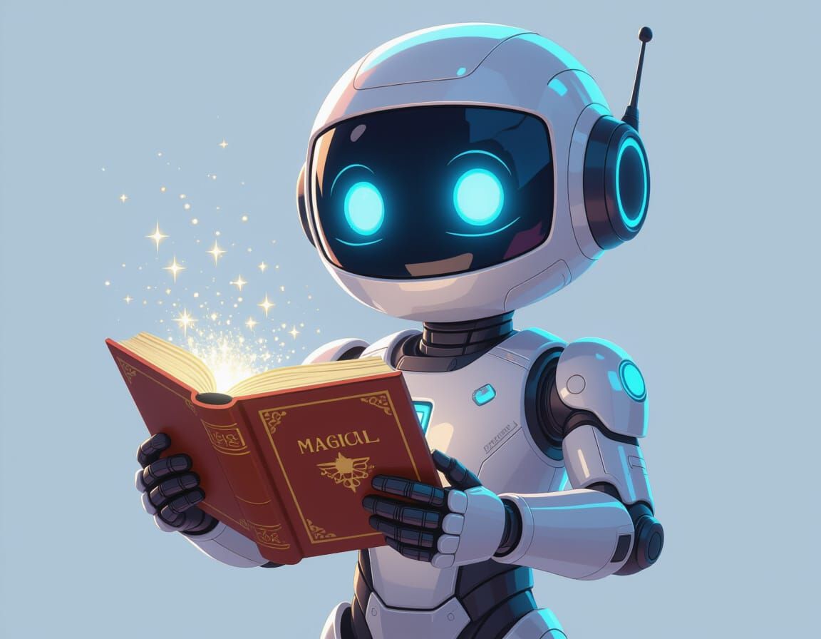 Robot with Magical Book in Pixar Style