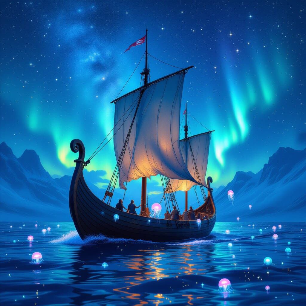 Viking Longboat Sails Through Starry Sea Watercolor