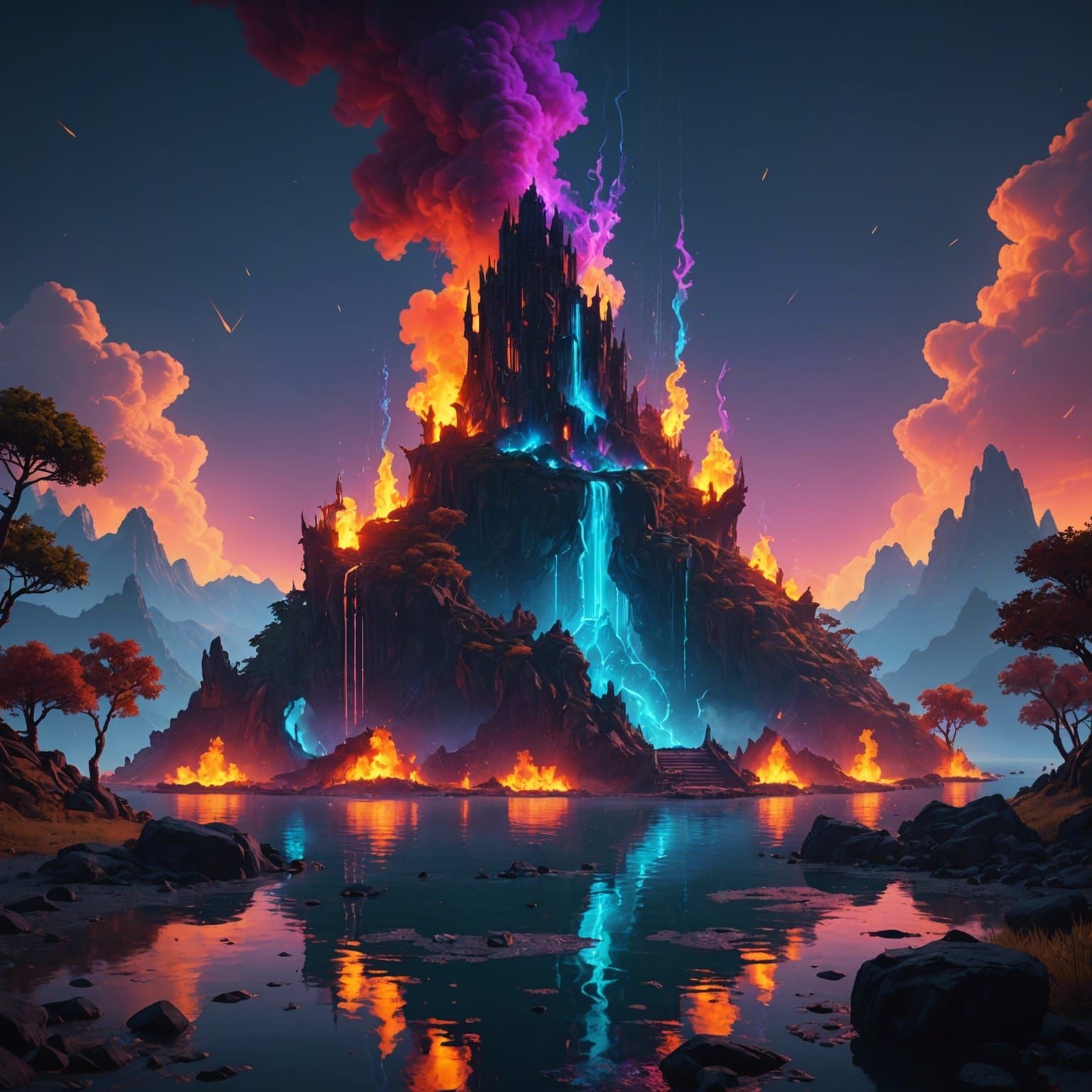 Neon Flame Island: Detailed Fantasy Concept Art