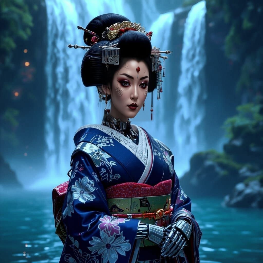 Futuristic Cyborg Geisha Near Waterfall