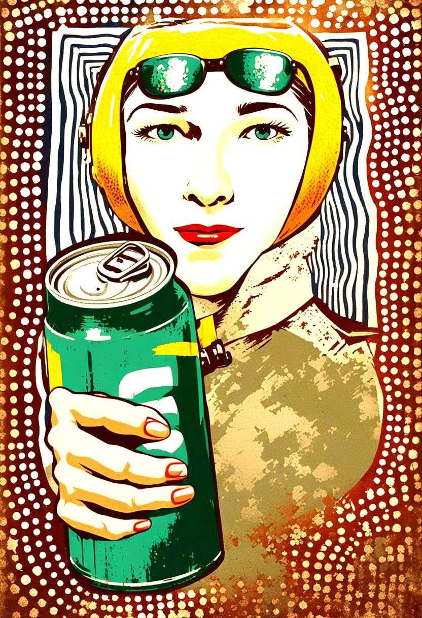 Pilot Woman and Giant Beer, Vintage Ad Style