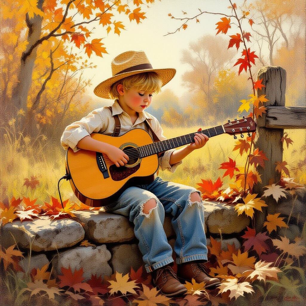 Boy in Straw Hat Plays Guitar on Stone Fence